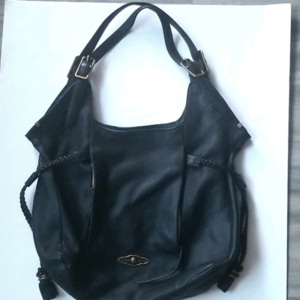 Elliott Luca Black Leather Designer Logo Tote Golden Hardware Tassel Fringe